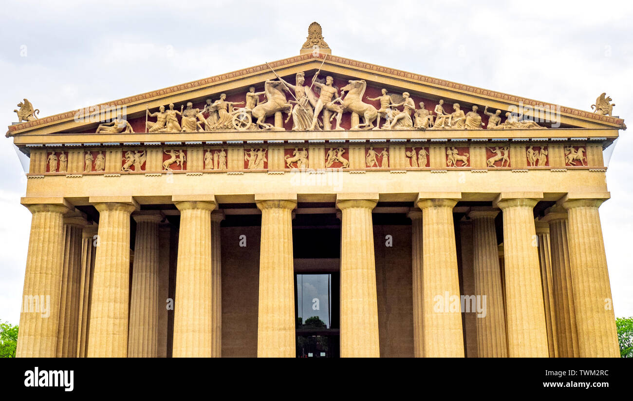 Pedimental sculptures on full scale replica of Parthenon in Centennial
