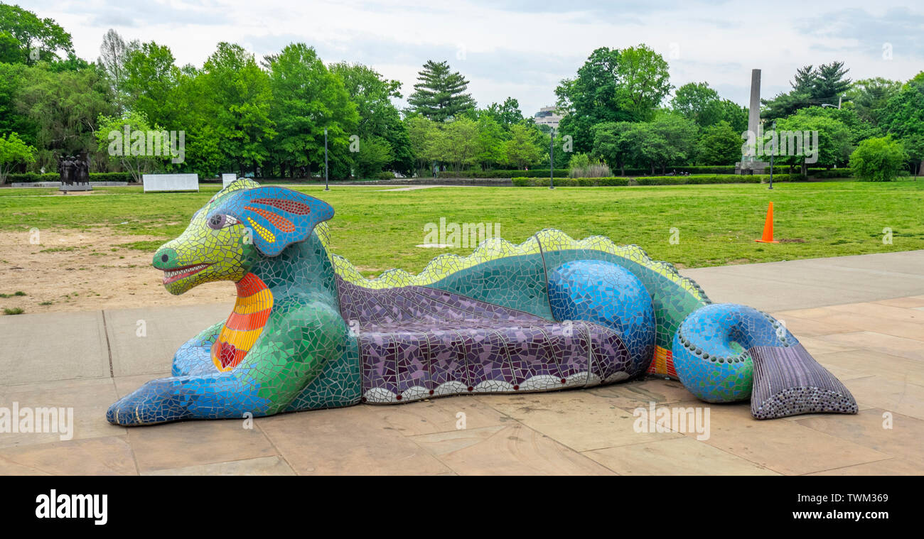 Mosaic tiled dragon bench in Centennial Park Nashville Tennessee USA. Stock Photo