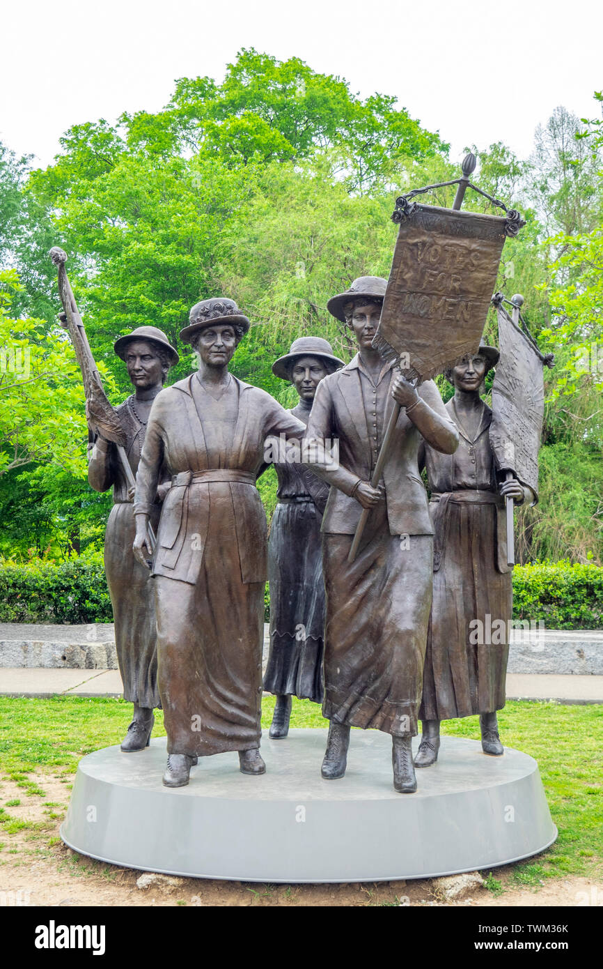 Women Suffrage Monument bronze sculpture of 5 Tennessee women involved in the Suffrage Movement located Centennial Park Nashville Tennessee USA. Stock Photo