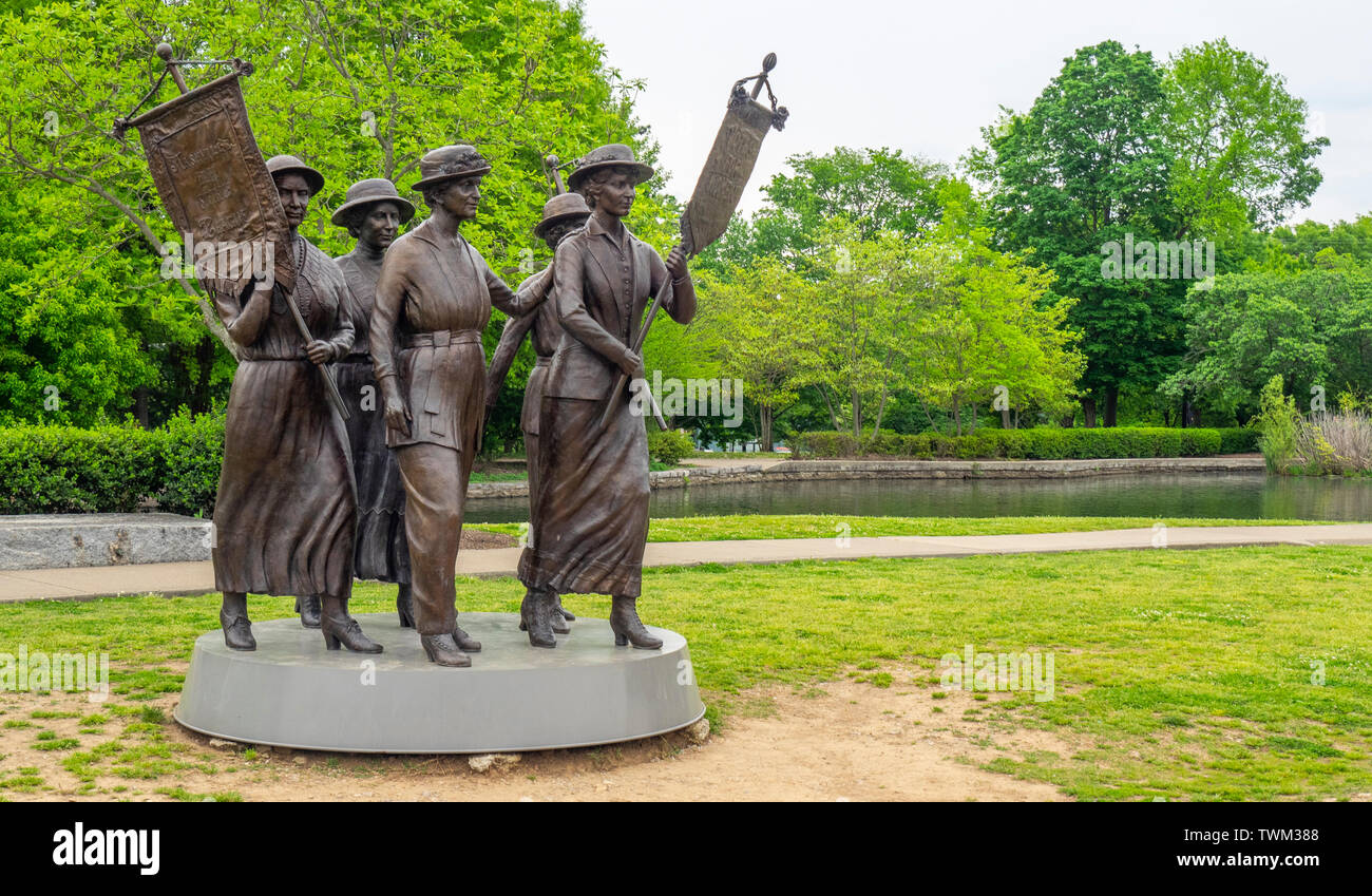 Women Suffrage Monument bronze sculpture of 5 Tennessee women involved in the Suffrage Movement located Centennial Park Nashville Tennessee USA. Stock Photo