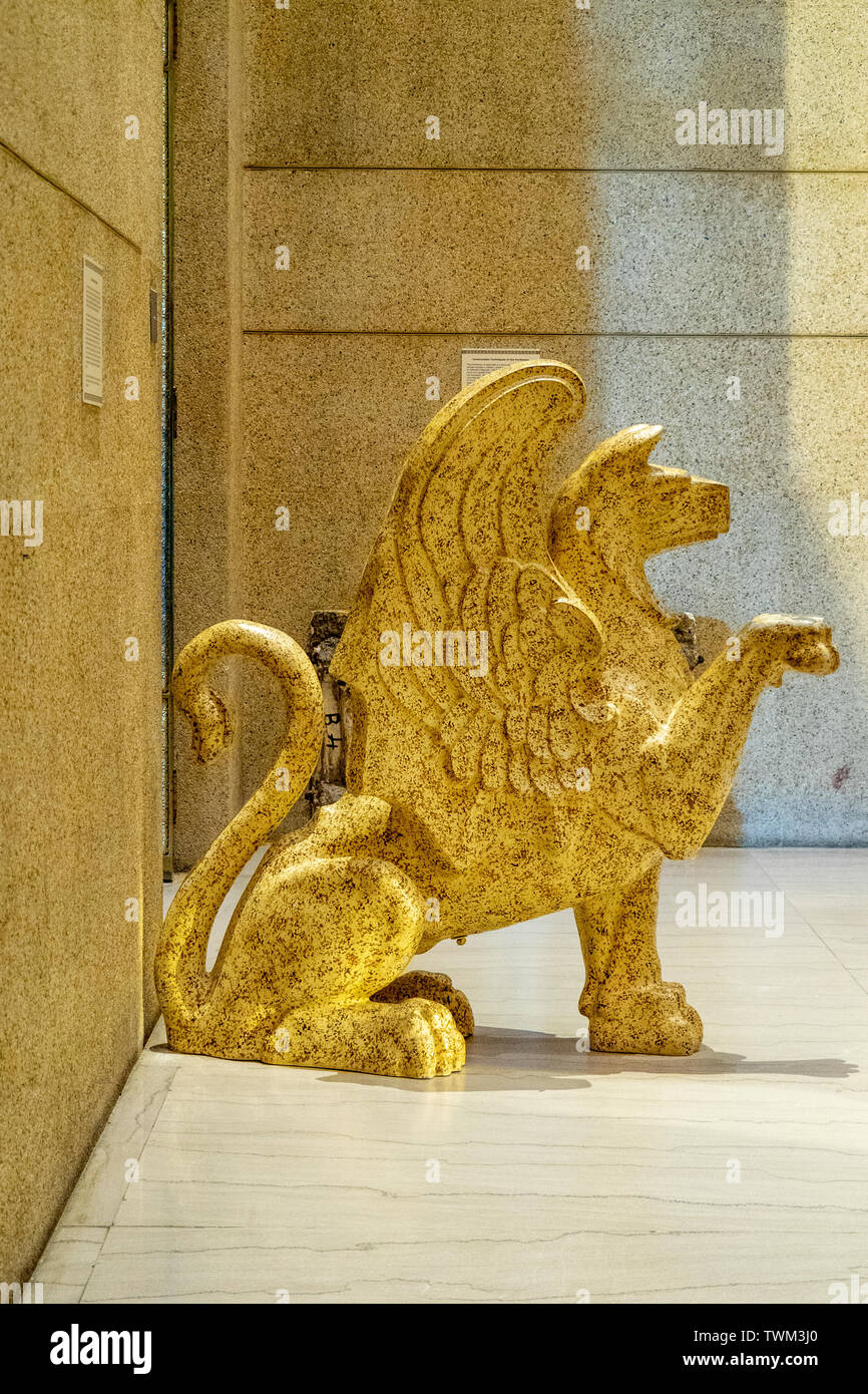 Gold gilded griffin in the full scale replica of Parthenon in Centennial Park Nashville Tennessee USA. Stock Photo