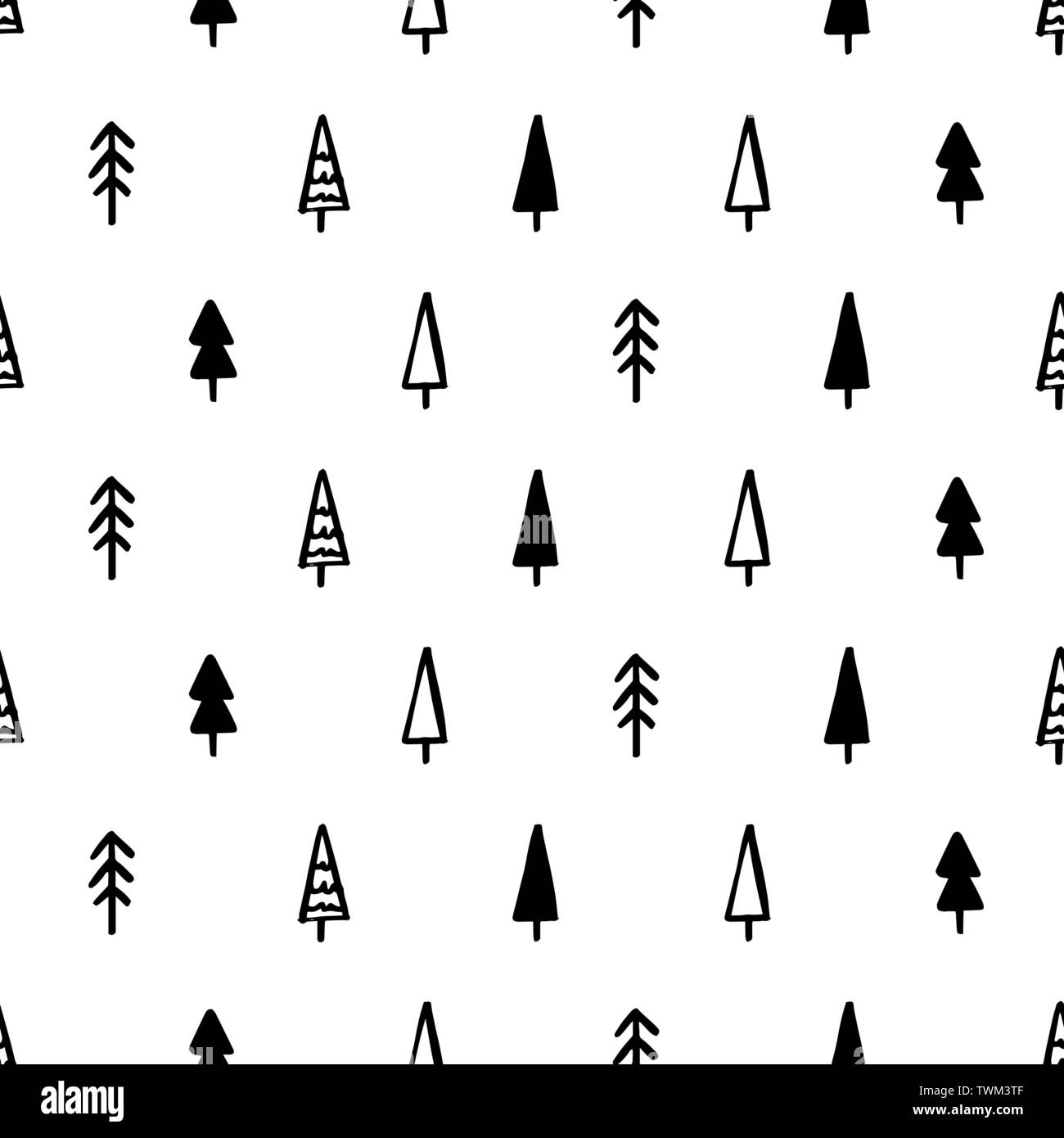 Hand Draw Christmas Tree Seamless Pattern in Doodle style. Vector ...