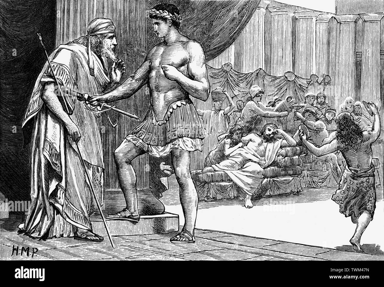 In Greek mythology, Aegeus was an archaic figure in the founding myth of Athens, who gave his name to the Aegean Sea and fathered Theseus, the mythical king and founder-hero of Athens. Theseus was raised on the island of Sphairia. When Theseus grew up and became a brave young man, his mother then told him his father's identity and he took the swords back to king Aegeus to claim his birthright. Stock Photo