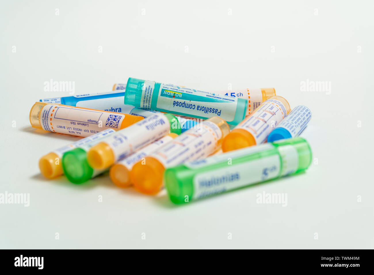 Homeopathic tubes: homeopathic granules, tubes from the Boiron laboratories Stock Photo