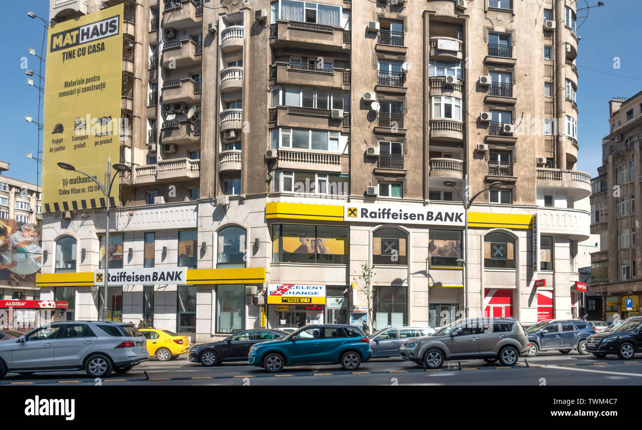 Exterior of a branch of Raiffeisen Bank in the Old Town area of Bucharest, București, Romania Stock Photo
