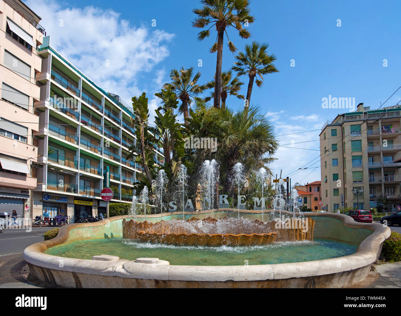 Fountain with letters San Remo, street in San Remo, harbour town at the ligurian coast, Liguria, Italy Stock Photo