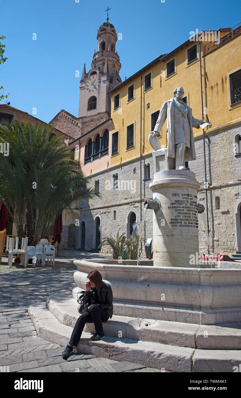 Well in honour of Siro Andrea Carli, behind the San Siro cathedral, historical center La Pigna, old town of San Remo, Liguria, Italy Stock Photo