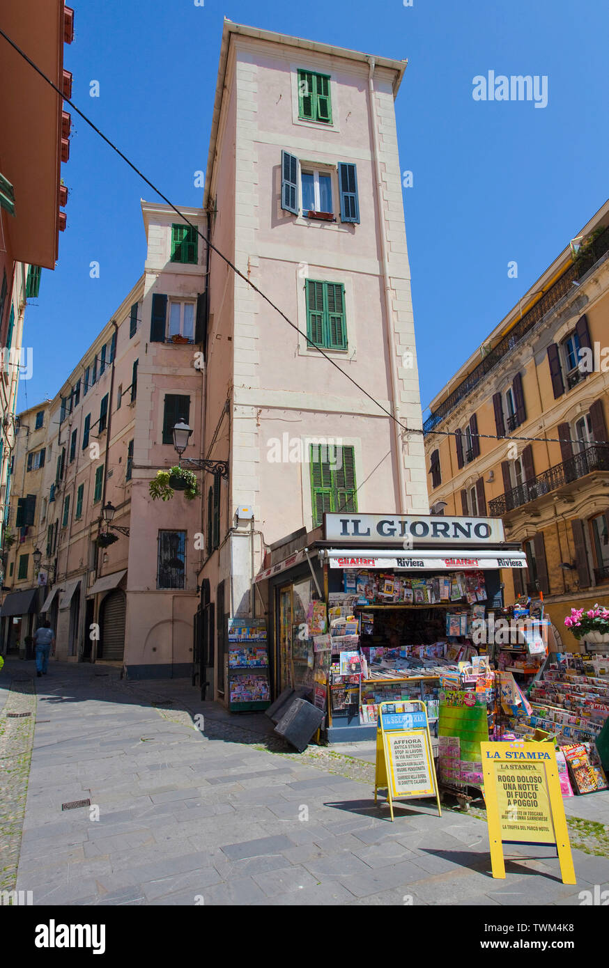 Newspaper kiosk in a alley, old town of San Remo, Riviera di Ponente, Liguria, Italy Stock Photo