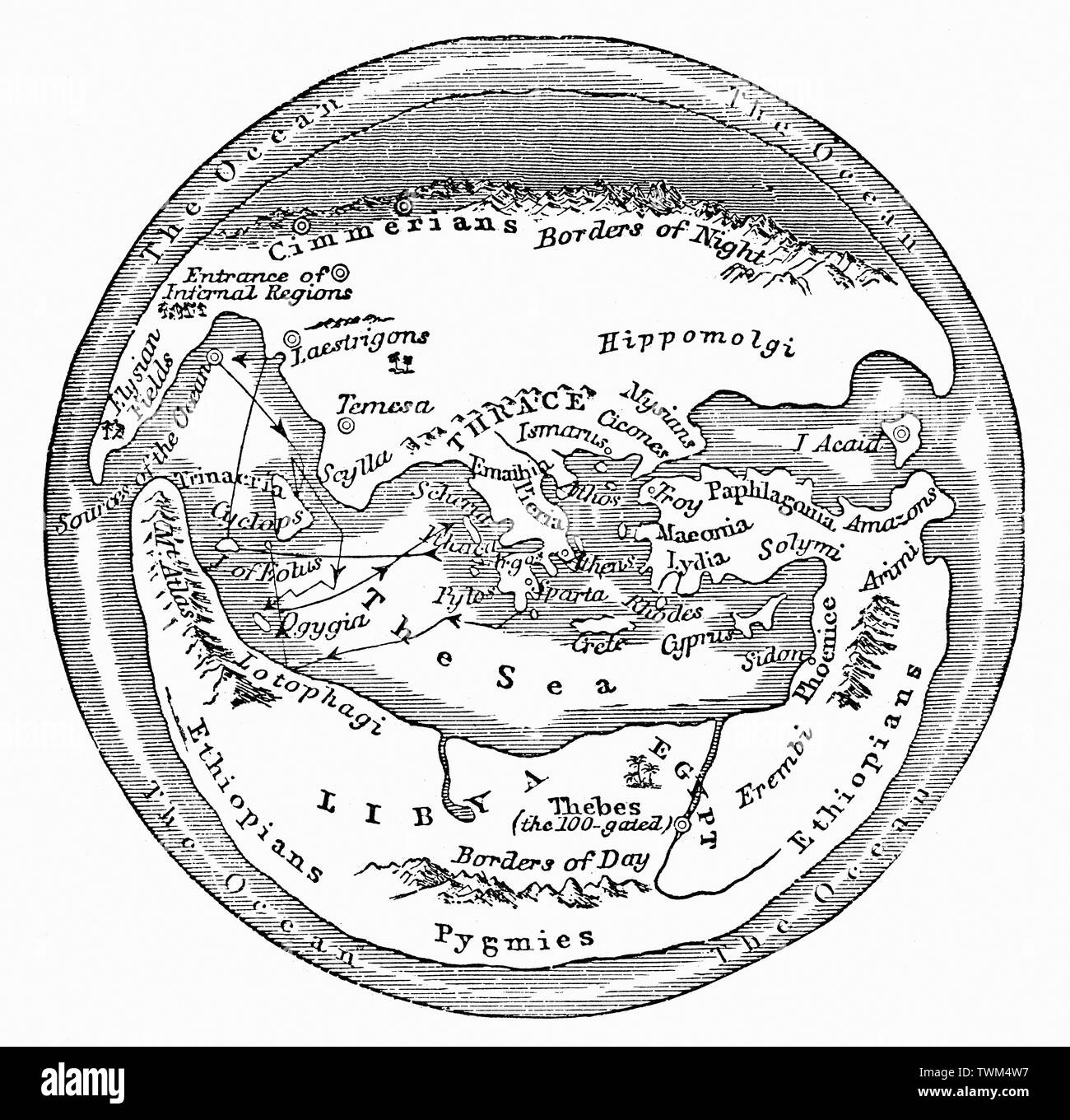 The World According to Homer (B.C. 900).   He believed the world to be circular, with the river Oceanus flowing around it. Beyond Oceanus in the north, are the Cimmerii, an ancient people of the far north of Europe, described by Homer as the people living in perpetual darkness. He also notes Elysiun, the place of the afterlife for the gods and the heroic. Homer in his Odyssey describes it as paradise. Stock Photo