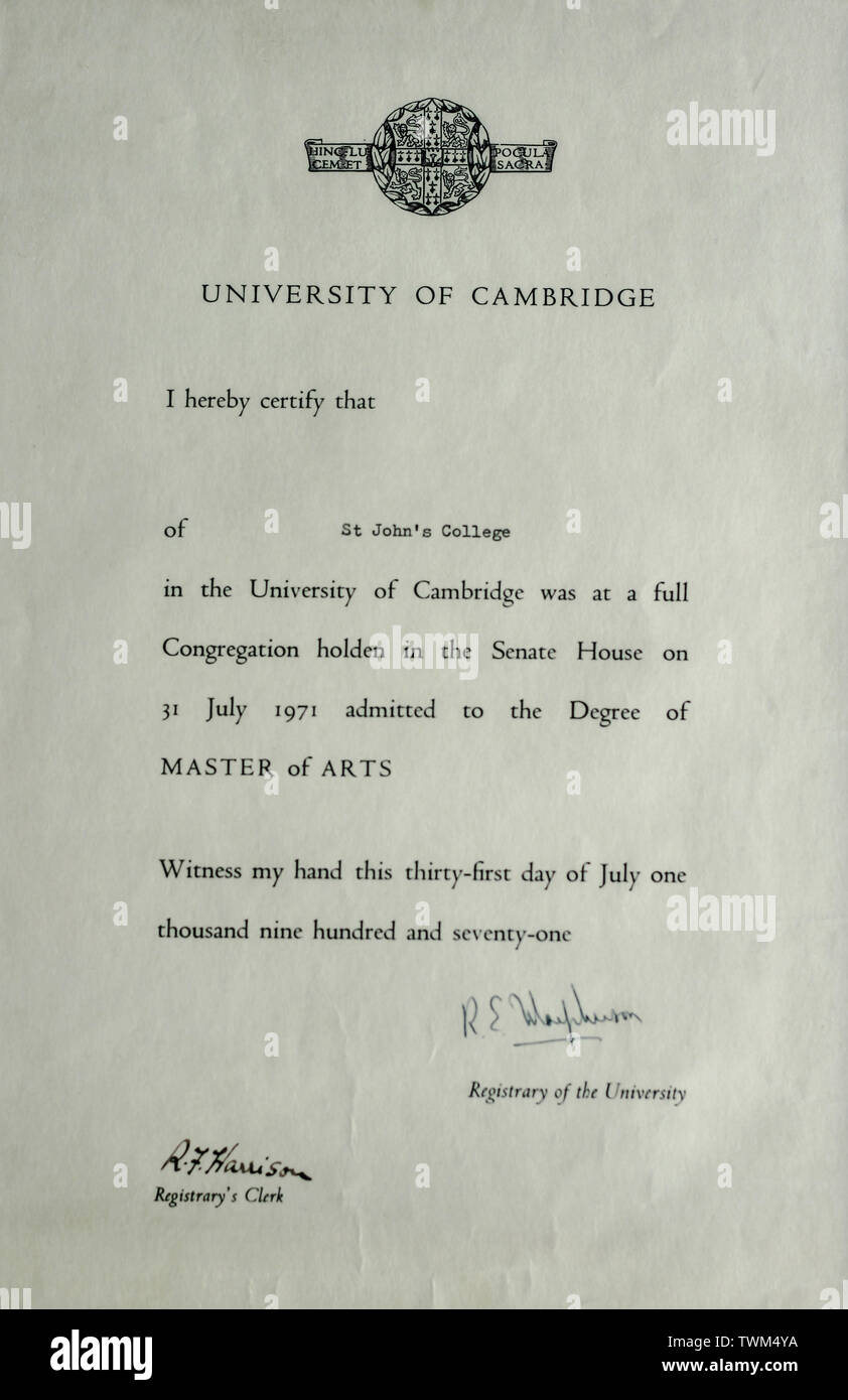 31 July 1971, England, United Kingdom. Certificate of Attaining MA, Master of Arts in the University of Cambridge. Senate House, St John's College Stock Photo