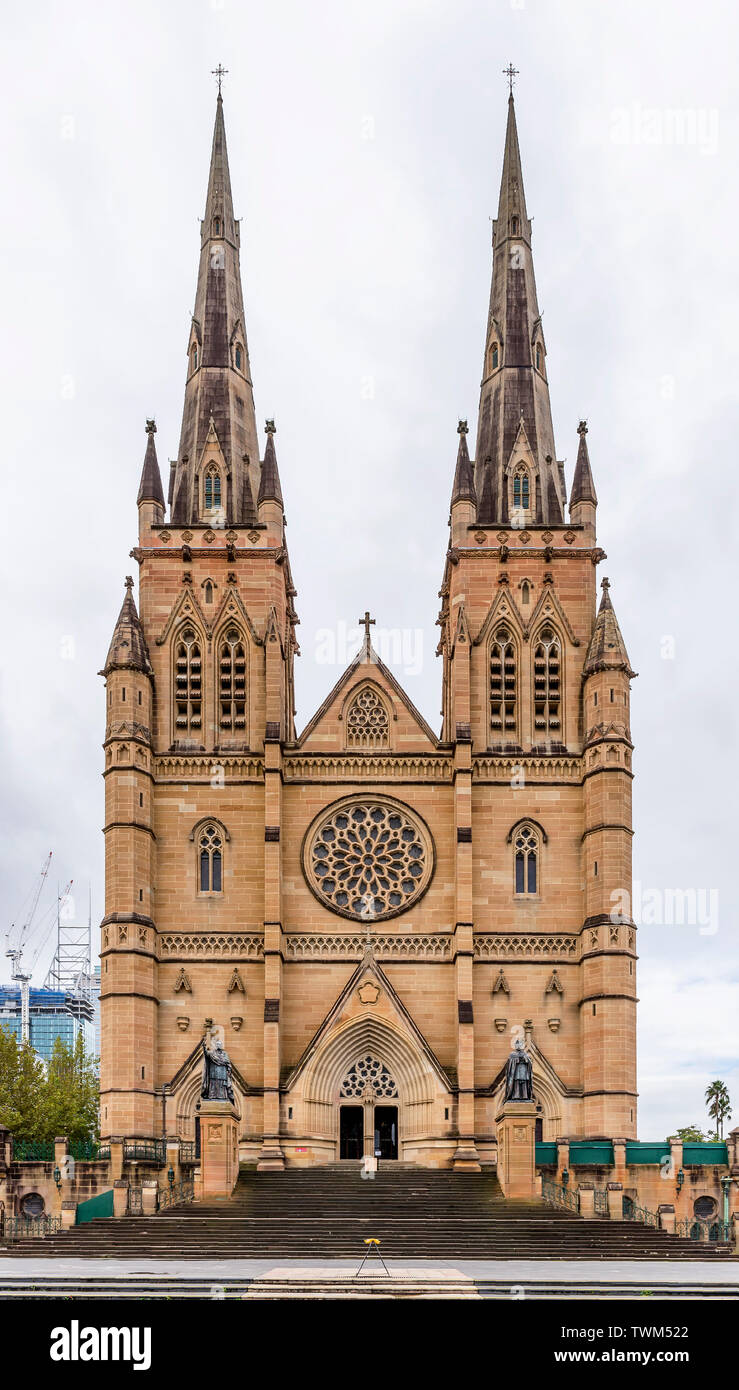 The beautiful southern facade of the Cathedral of Saint Mary in the center of Sydney, Australia Stock Photo