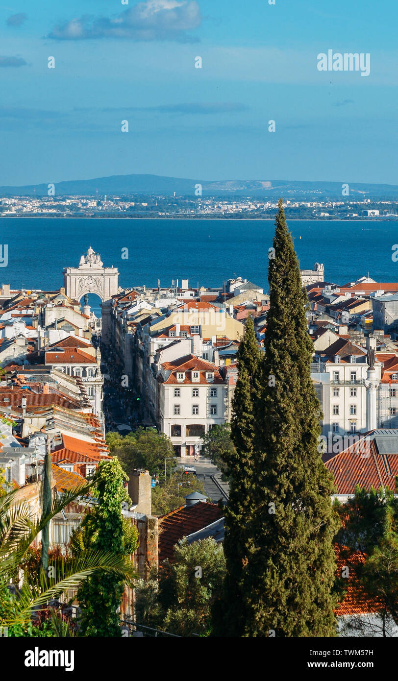 Lisbon, Portugal cityscape overlooking Baixa downtown area. Visible landmarks include: Rossio Square, Rua Augusta and the Triumphal Arch, Praca Comerc Stock Photo