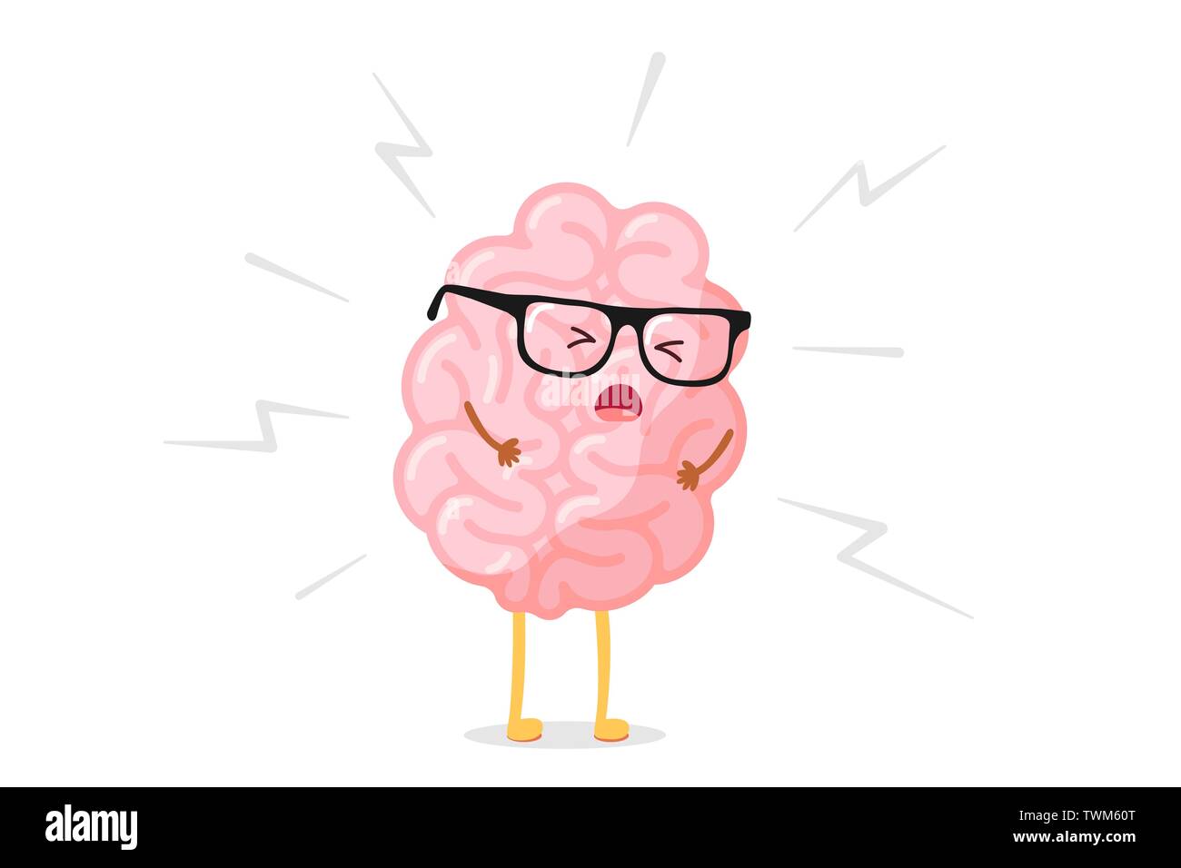 Cute cartoon angry human brain in stress. Central nervous system organ is sick. Flat vector pain character headache illustration Stock Vector