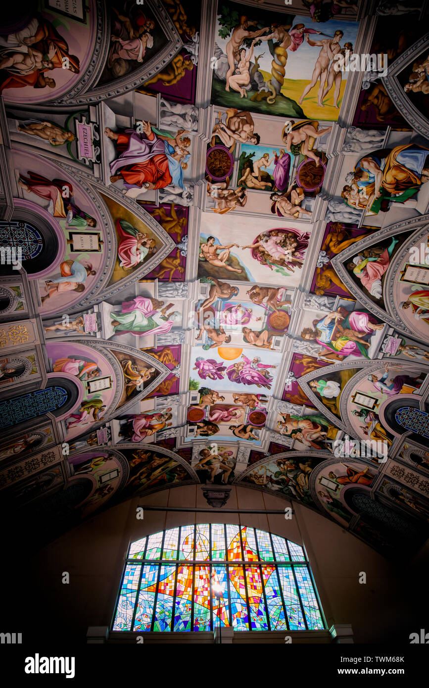 The 2/3 scale Sistine Chapel ceiling painted by Gary Bevans at the English Martyrs Catholic Curch in Goring, West Sussex, UK Stock Photo