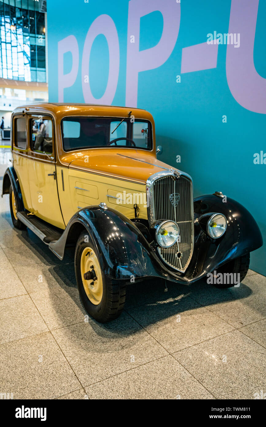 MOSCOW, RUSSIA - MAY 27, 2019: Peugeot 201 BR, built at year 1933  vintage car at the free of charge exhibition at the Moscow Domodedovo Airport Stock Photo