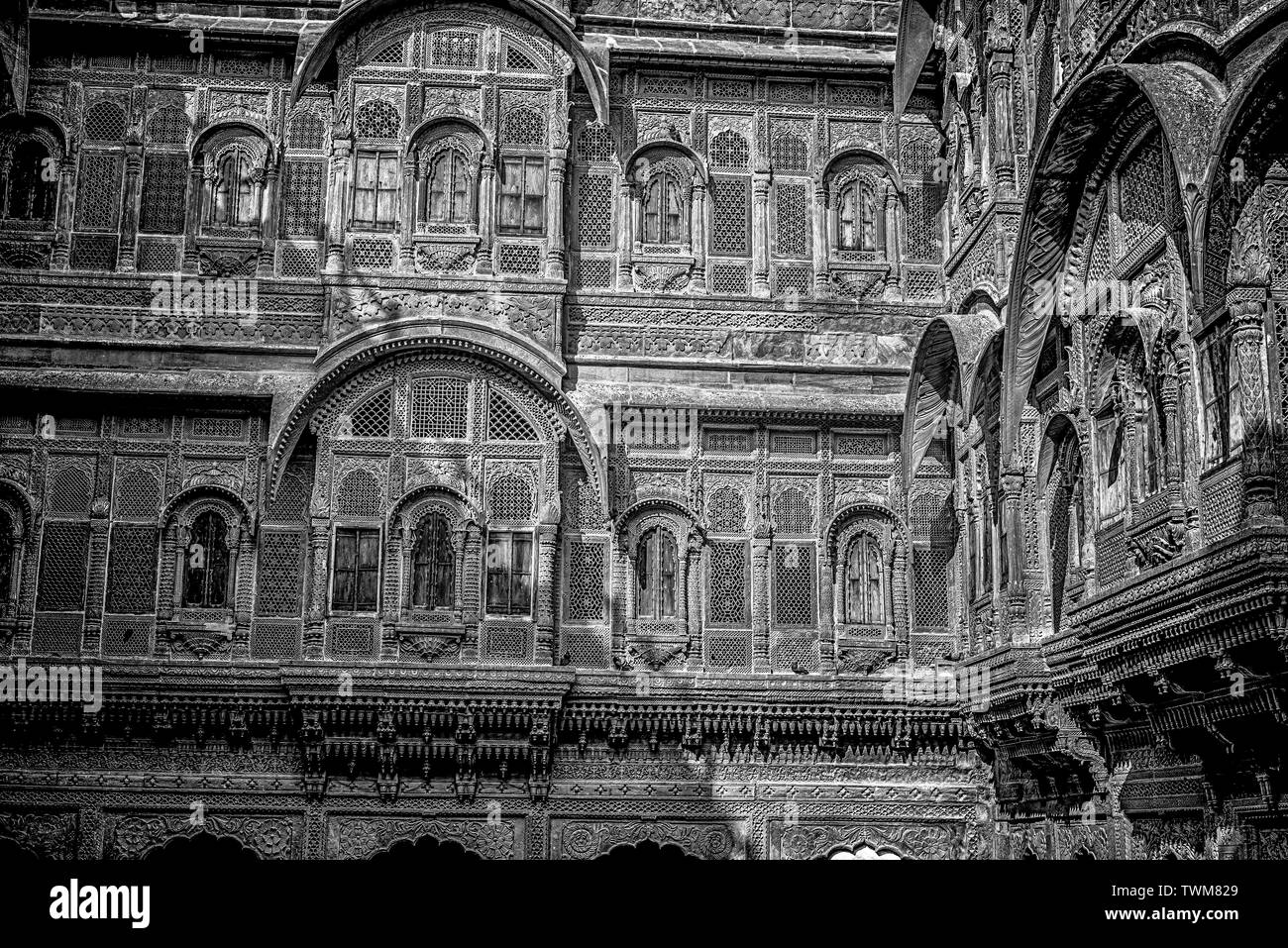 A close-up of Jharokha or window of Mehrangarh Fort of Jodhpur,a heritage art work of Rajasthan expressed in Black&White impression. Stock Photo
