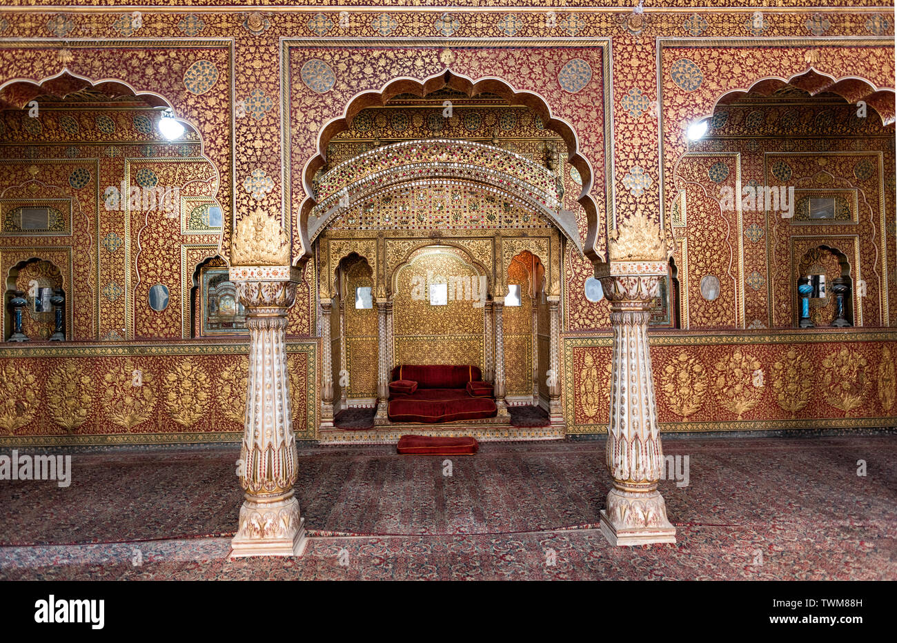 A close up of Anup Mahal of Junagarh Fort,Bikaner,Rajasthan,India which was actually a private audience hall.The intricate gold work is amazing. Stock Photo