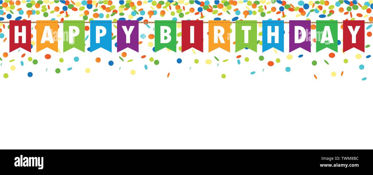 happy birthday party flags banner with confetti rain on white background vector illustration