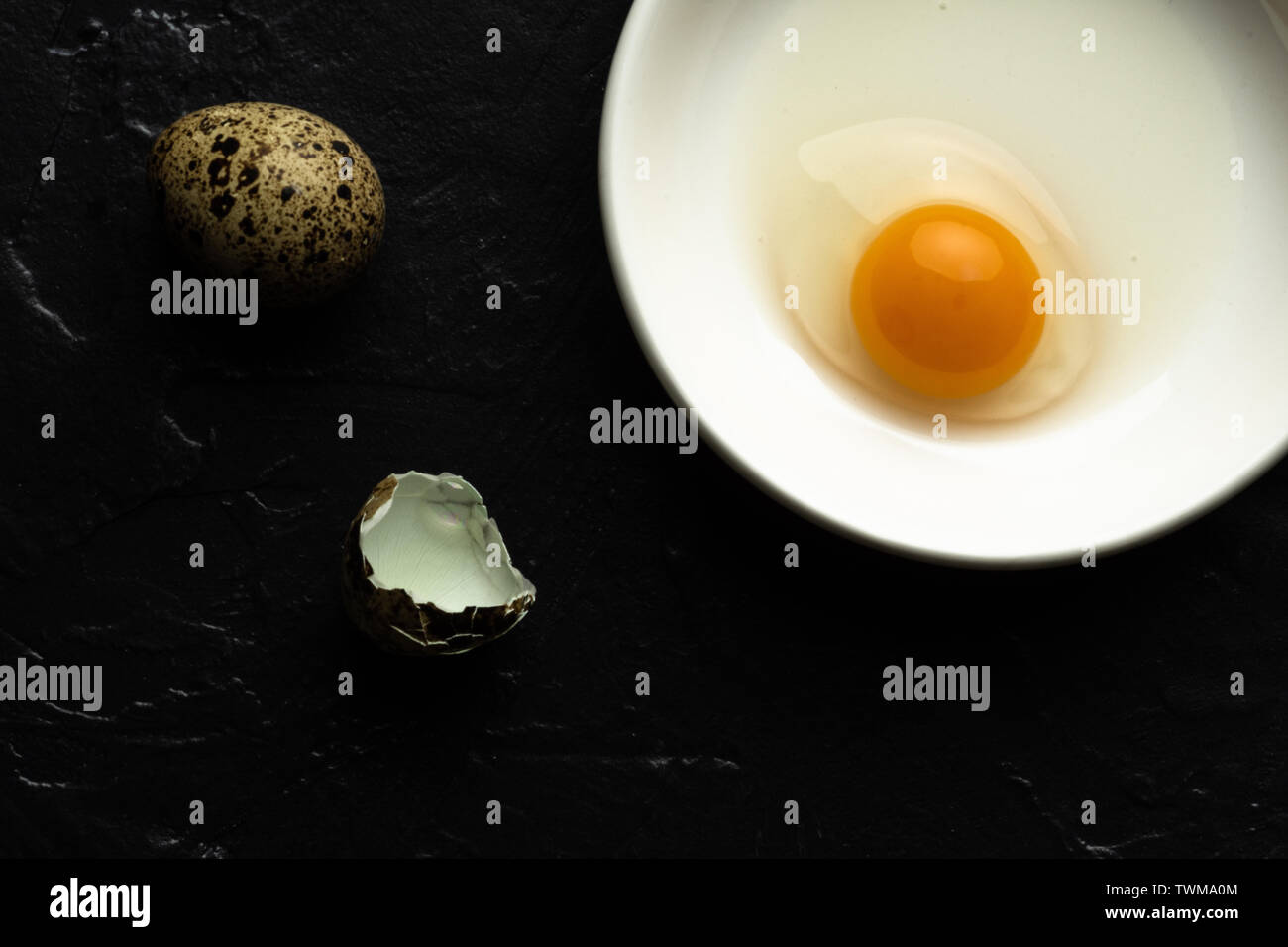 Broken Raw Quail Egg Yolk. Fresh Organic Food Concept. Stock Photo