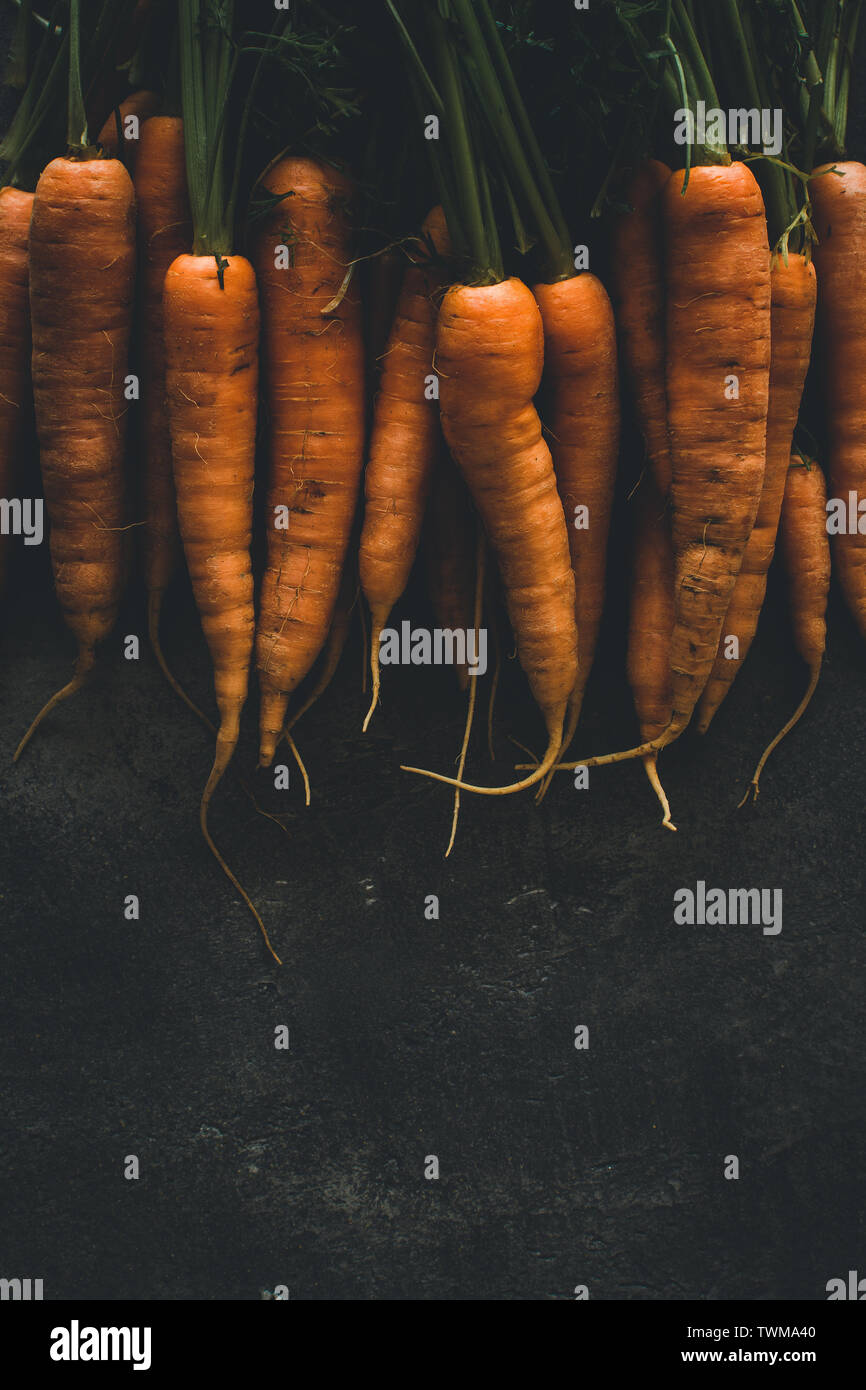 Organic Carrots on Dark Background. Healthy Eating Concept and Diabetes Control. Stock Photo