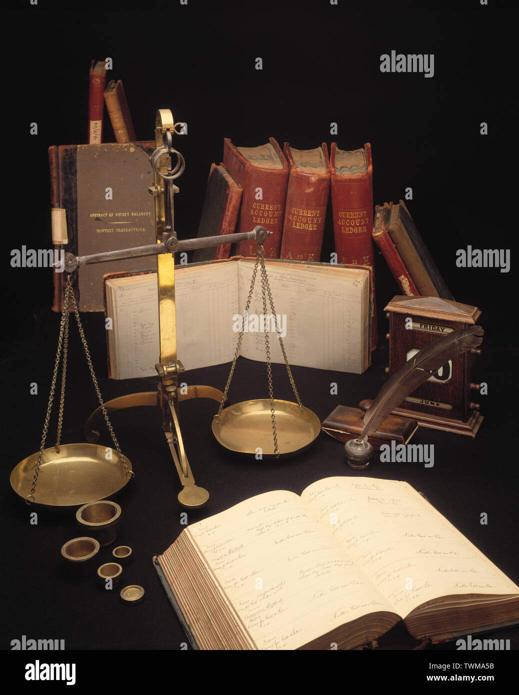 Still life.  Gold and Silver Assay Office. Antique scales and accounts ledgers. Stock Photo