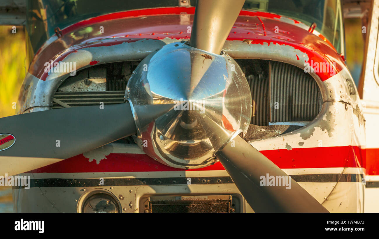 Close up of a beat up seaplane propeller  Stock Photo