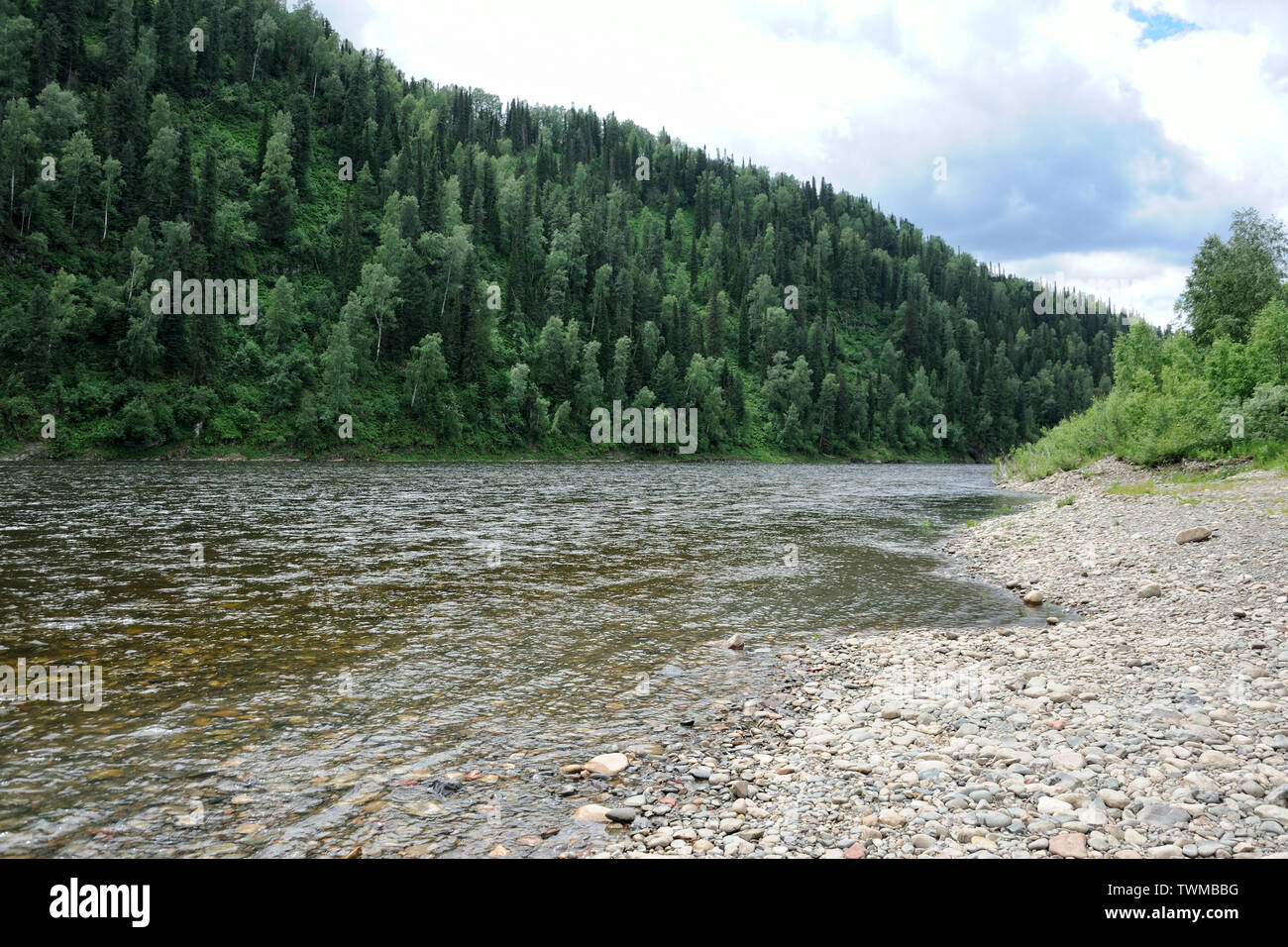 = On the Bank of Tom River at Studeny Ples =  View from a stone bank of Tom River on the mountains covered with pine trees at Studeny Ples (Eng: Icy S Stock Photo