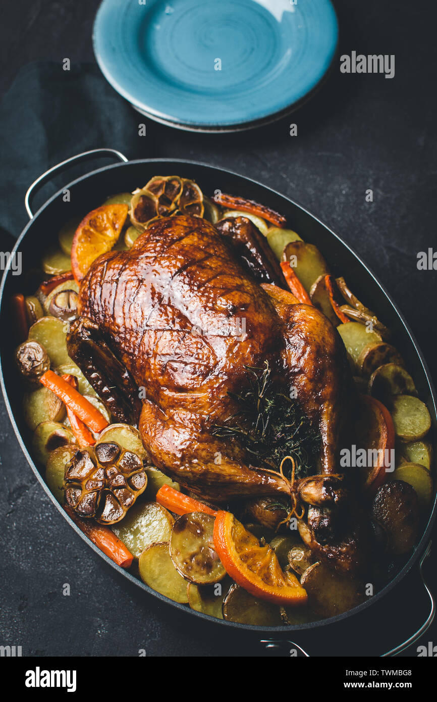 Baked Whole Goose with Potatoes, Carrots, Oranges, Rosemary and Thyme Stock Photo