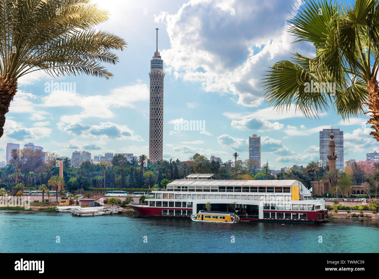 The Nile in Cairo with ships and view on the TV Tower, Egypt Stock ...