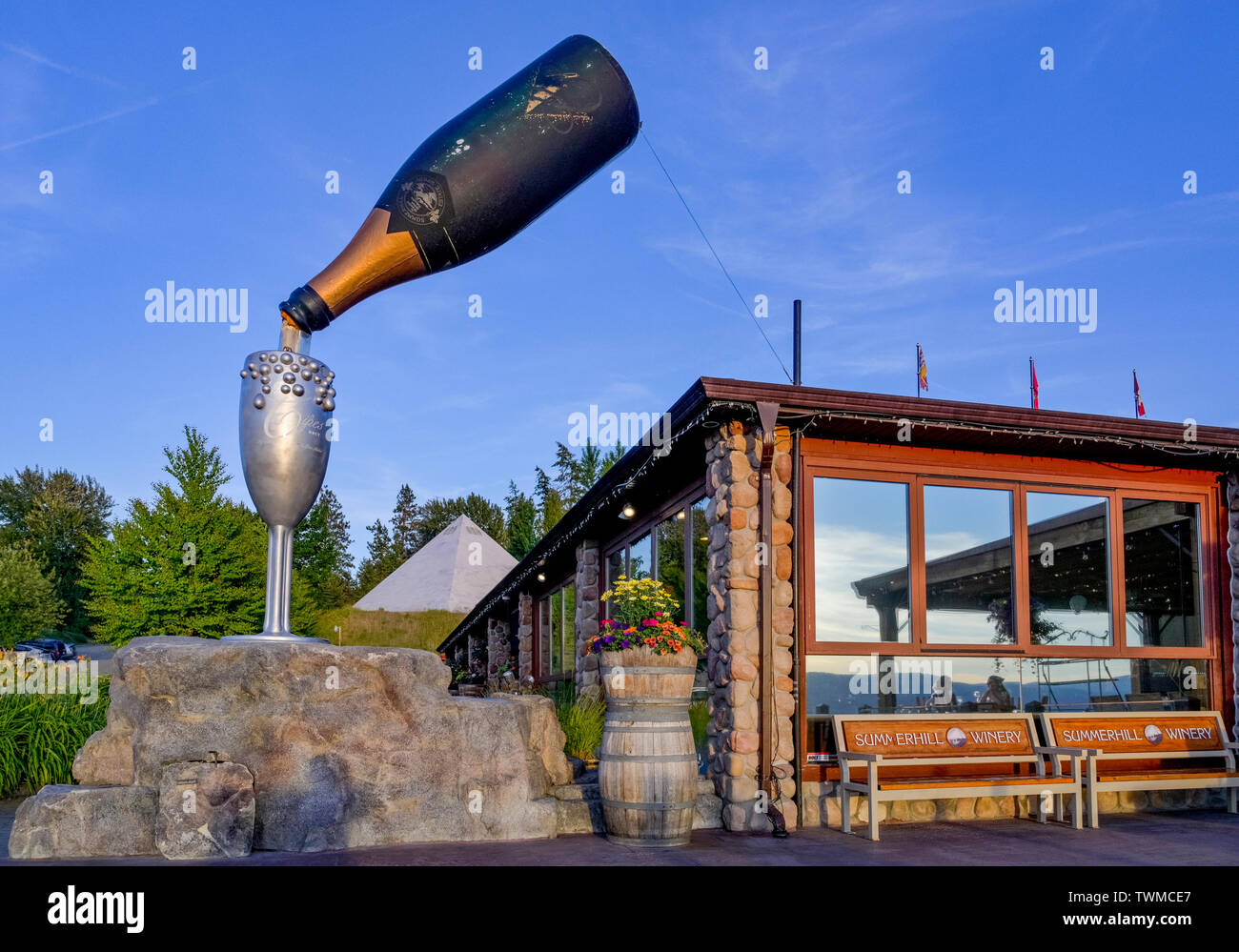 Pouring wine bottle sculpture, Summerhill Pyramid Winery, Kelowna