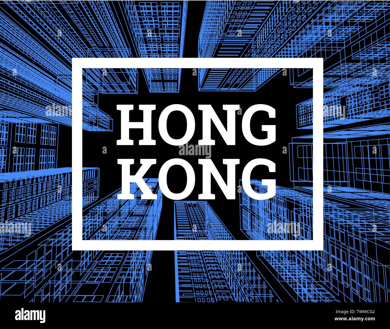 Hong Kong is a city of skyscrapers. Vector illustration in the drawing style on a black. View of the skyscrapers below Stock Vector