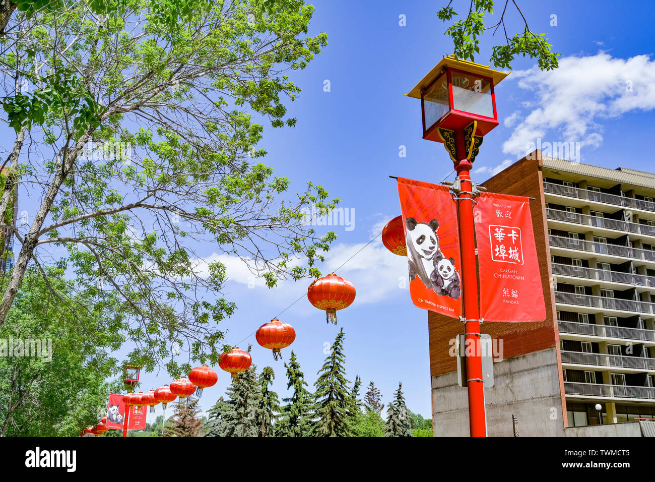 Streetlamp and Chinese lanterns, Chinatown, Calgary, Alberta, Canada Stock Photo
