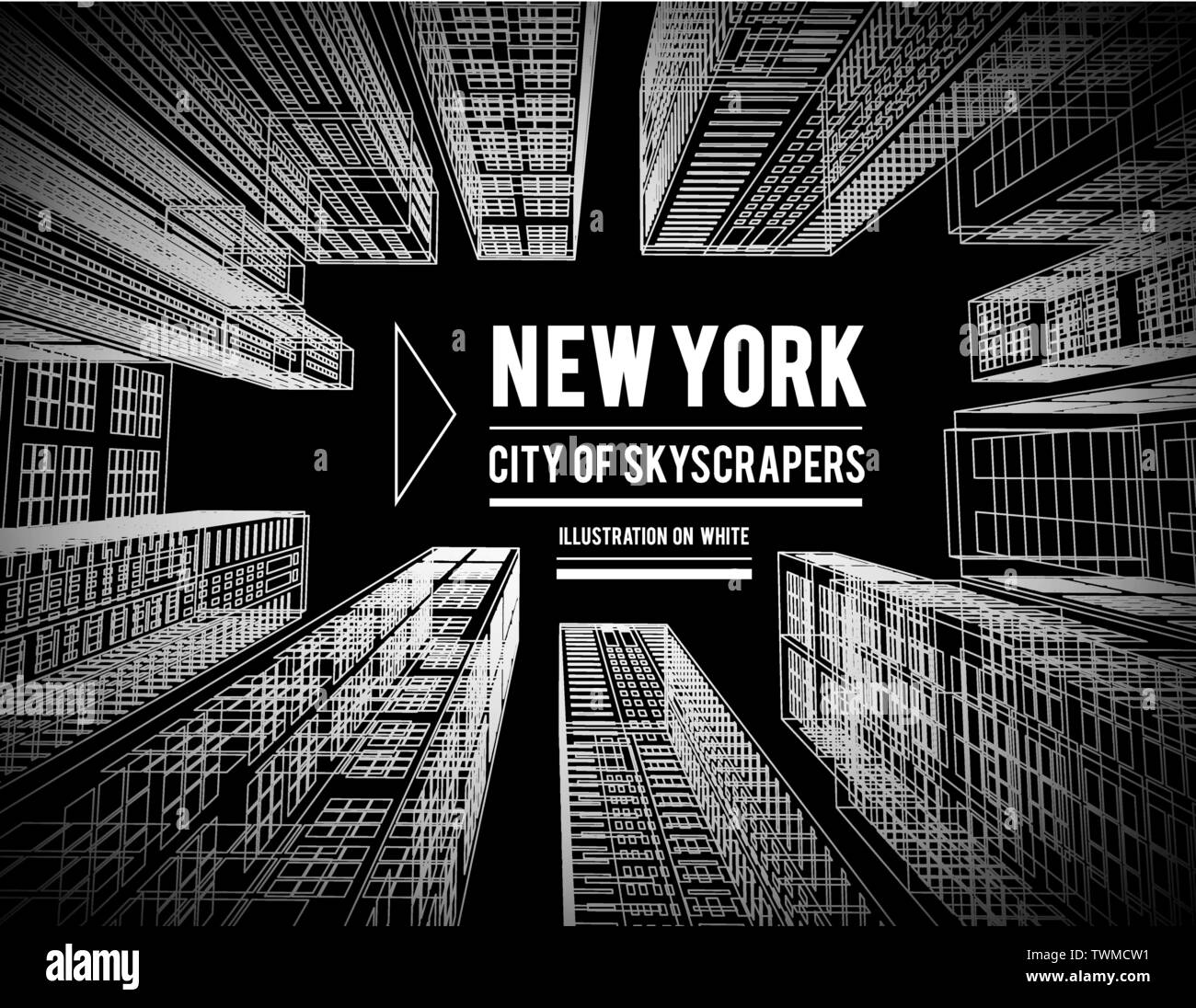 New York is a city of skyscrapers. Vector illustration in the drawing style on a black. View of the skyscrapers below Stock Vector