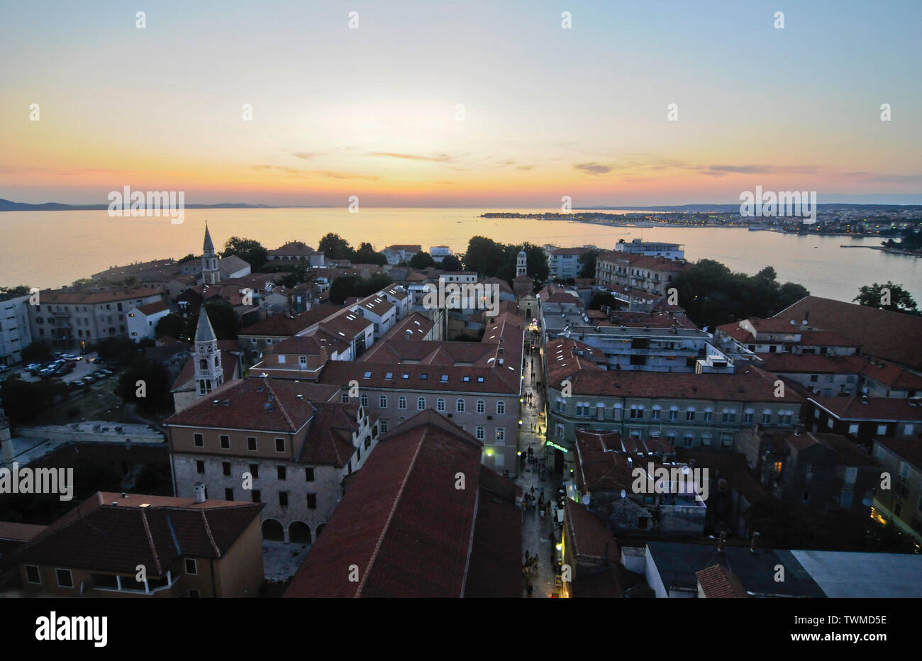 Zadar: aerial view of the old town and sunset, from the belltower of the Church of St Donatus. Croatia Stock Photo