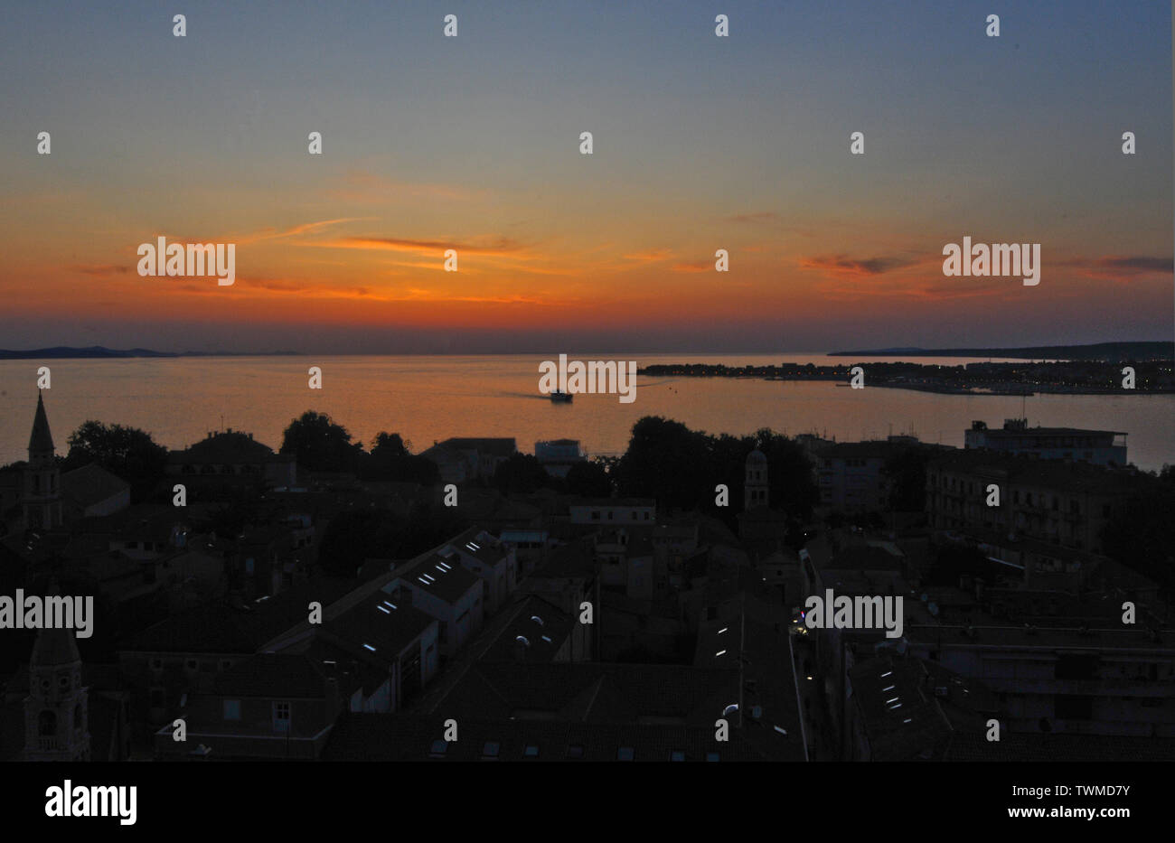 Zadar: aerial view of the old town and sunset, from the belltower of the Church of St Donatus. Croatia Stock Photo