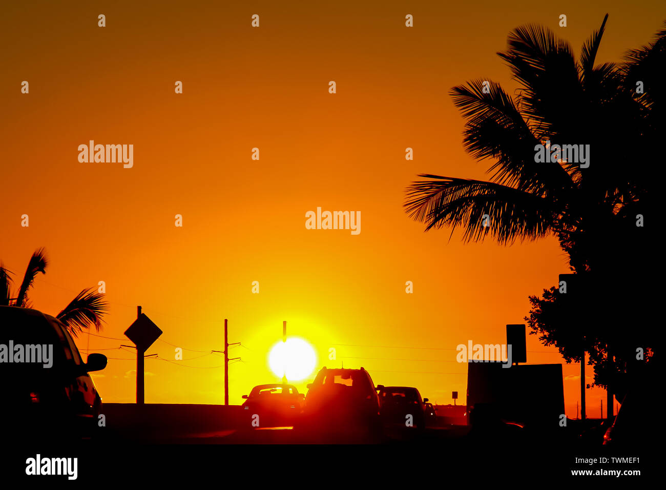 Sunset on the Florida Keys  Overseas Highway ("Seven-Mile Bridge") in Marathon, Florida, USA. Stock Photo
