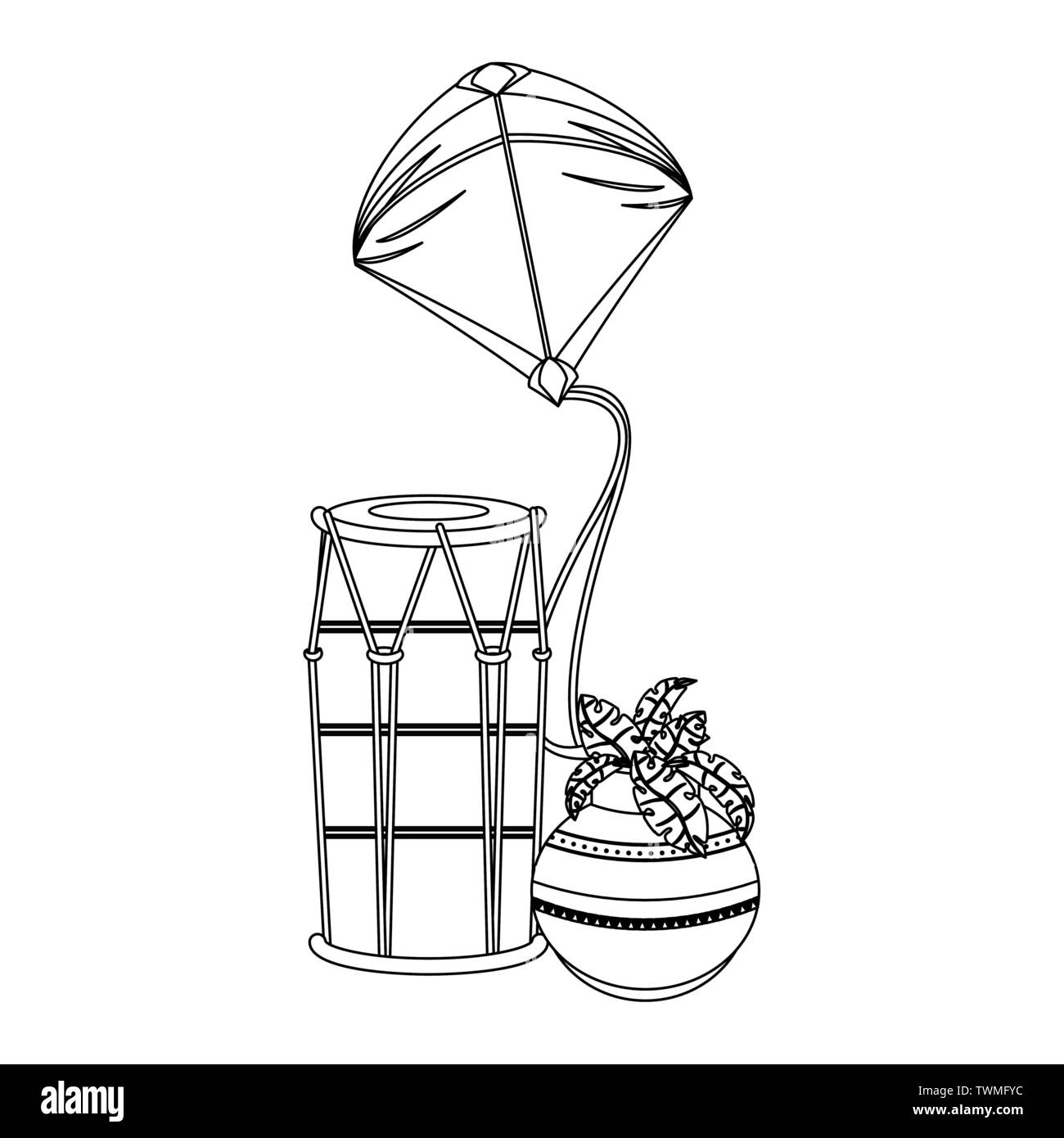 Indian tabla drums with lotus flower in black and white Stock Vector
