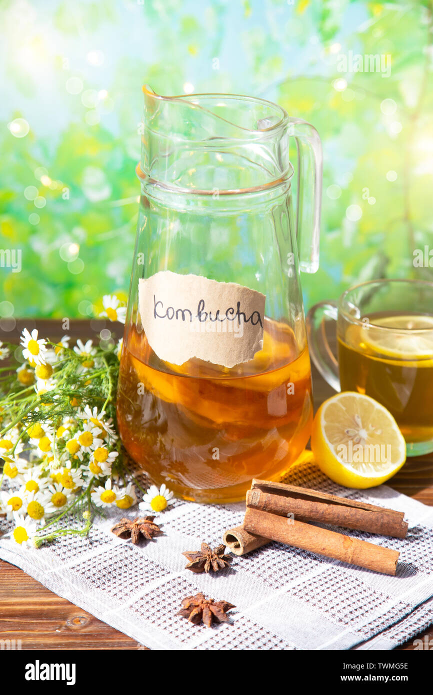 Healthy tea kombucha with lemon and cinnamon. Recipe for homemade