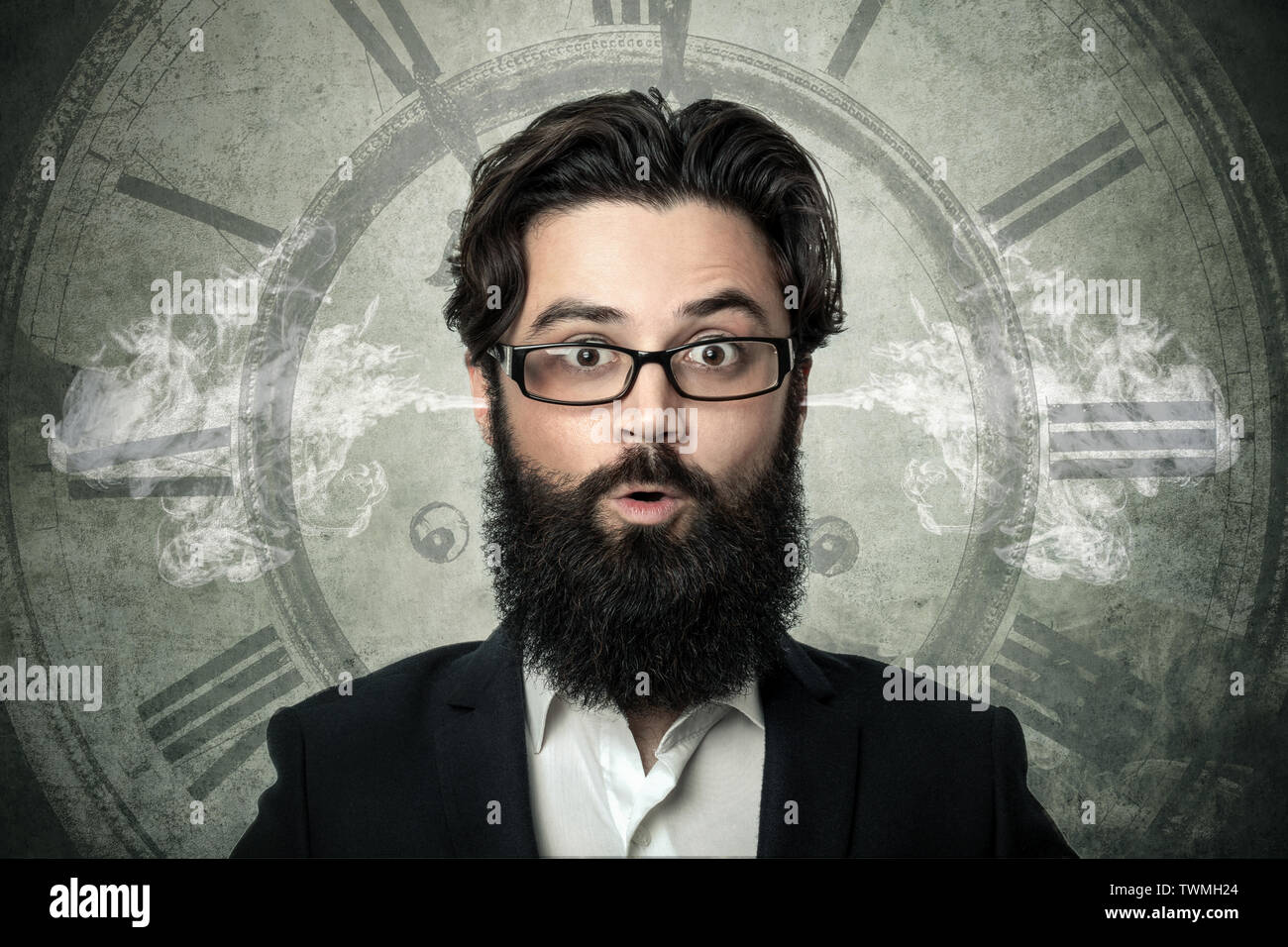 bearded surprised man, blowing steam coming out of ears, over clock background, concept of transience of time, fatigue from lack of hours in a day Stock Photo