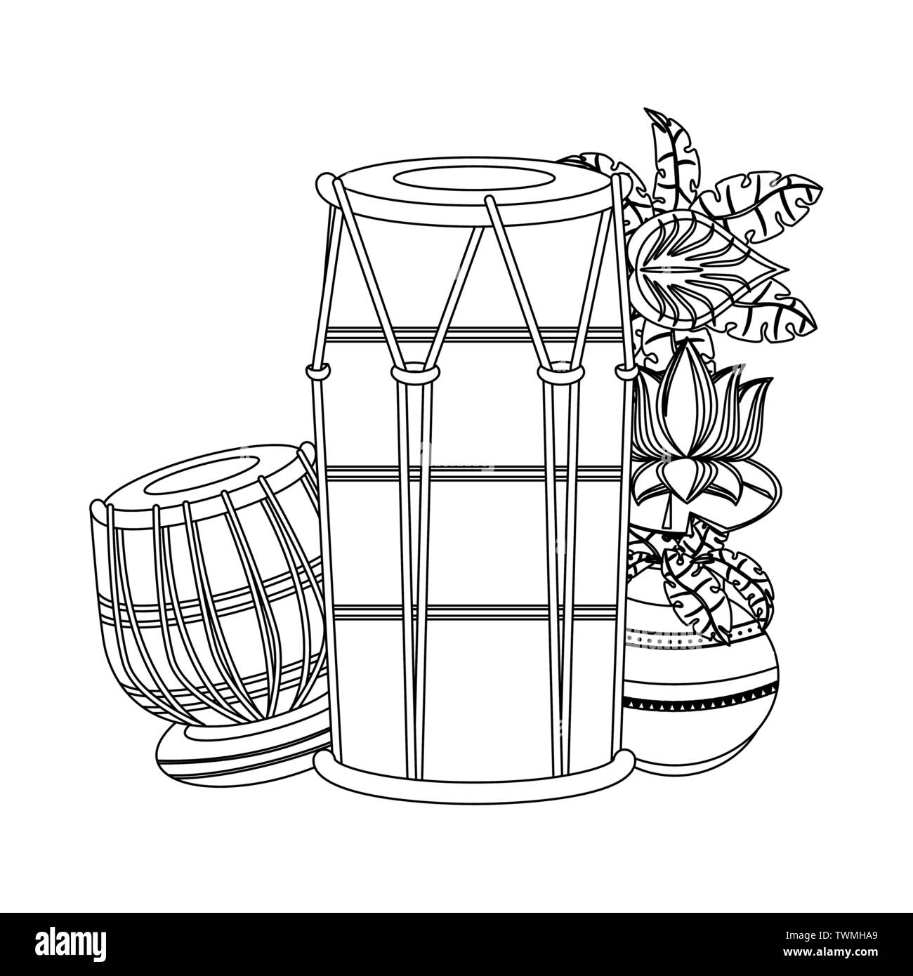 Indian tabla drums with lotus flower in black and white Stock Vector