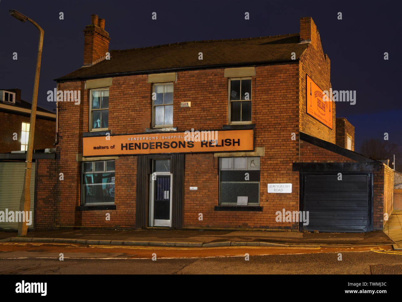 UK,South Yorkshire,Sheffield,Old Hendersons Relish Building at Night Stock Photo