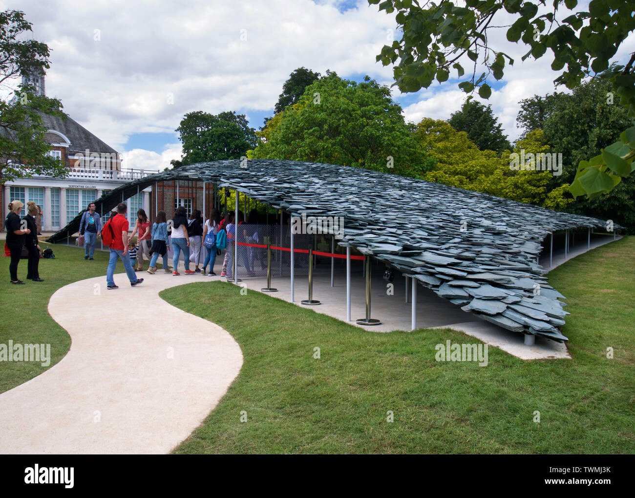 The slate roof of the 2019 Serpentine Pavilion in London's Hyde Park, designed by architect, Junya Ishigami. Stock Photo
