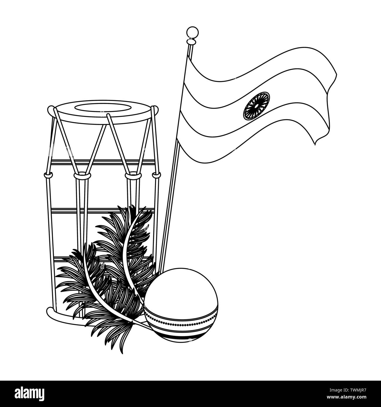 India independence day emblems cartoons in black and white Stock Vector