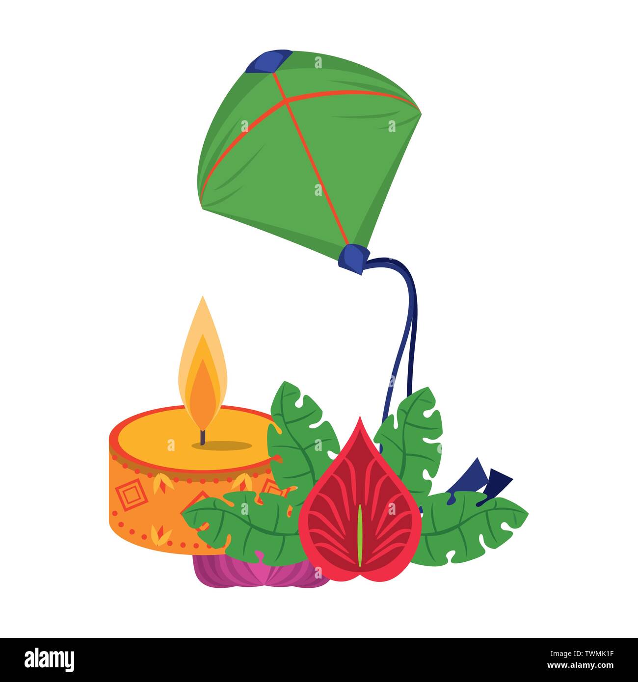 Candle kite and flowers with leaves decorative indian emblem Stock