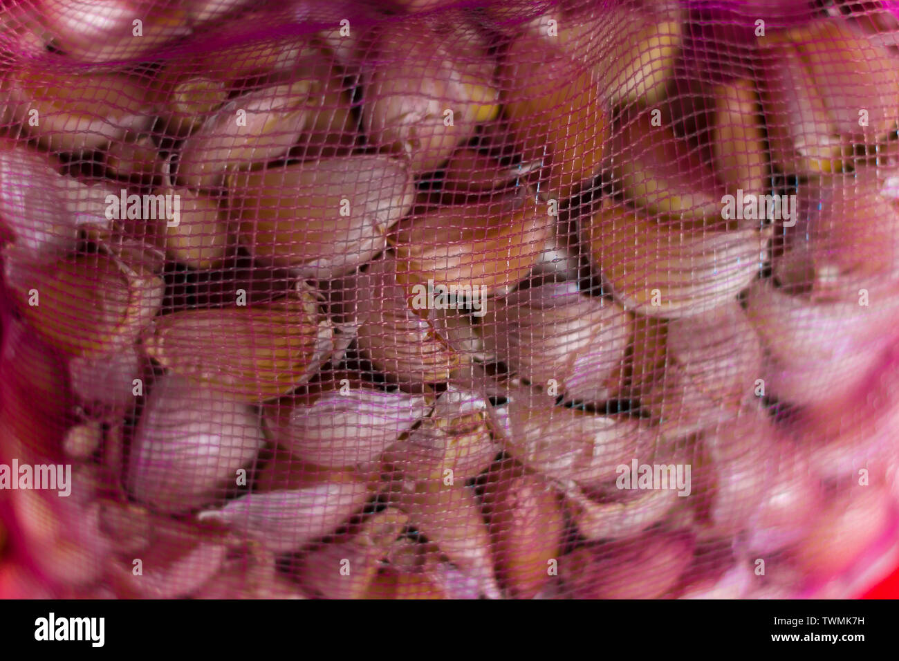 Pile of fresh Thai garlic in net mesh bags for wholesale market, Garlic