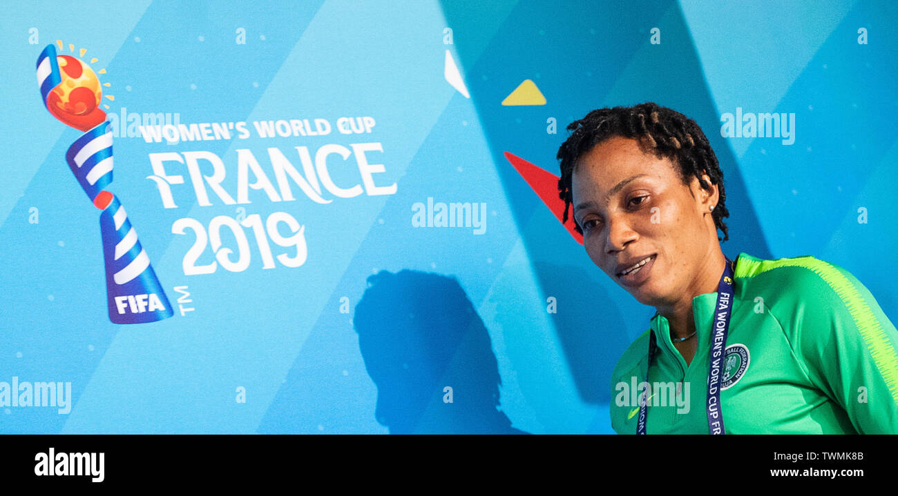21 June 2019, France (France), Grenoble: Football, women: World Cup, national team, Nigeria, final press conference: player Onome Ebi comes to the press conference on the podium. Photo: Sebastian Gollnow/dpa Stock Photo