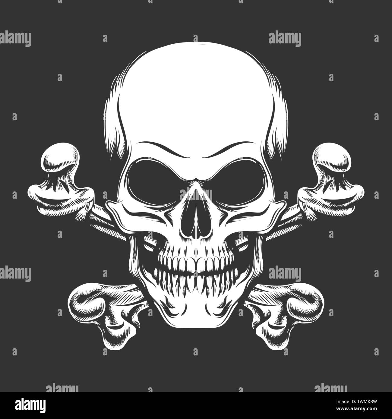 Human Skull with Crossed Bones drawn in Engraving style. Vector Illustration Stock Vector