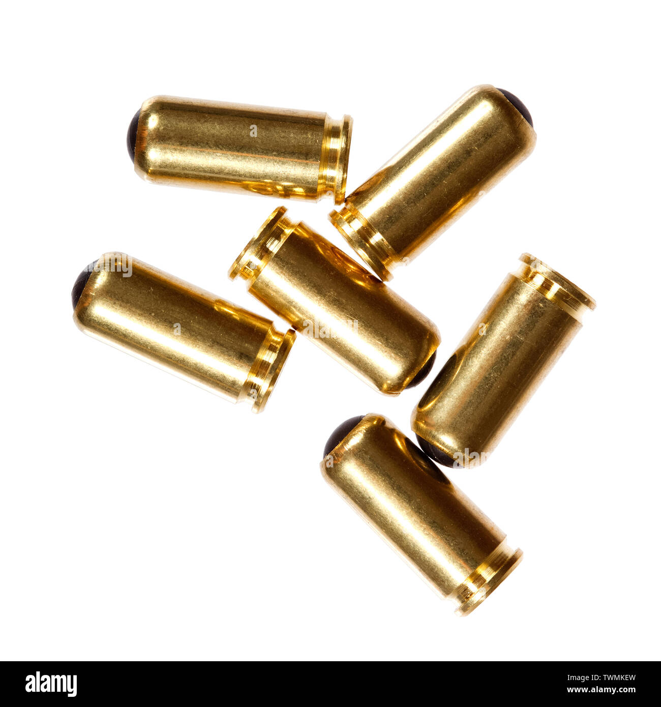 Close-up of 9mm bullet isolated on white background. Stock Photo