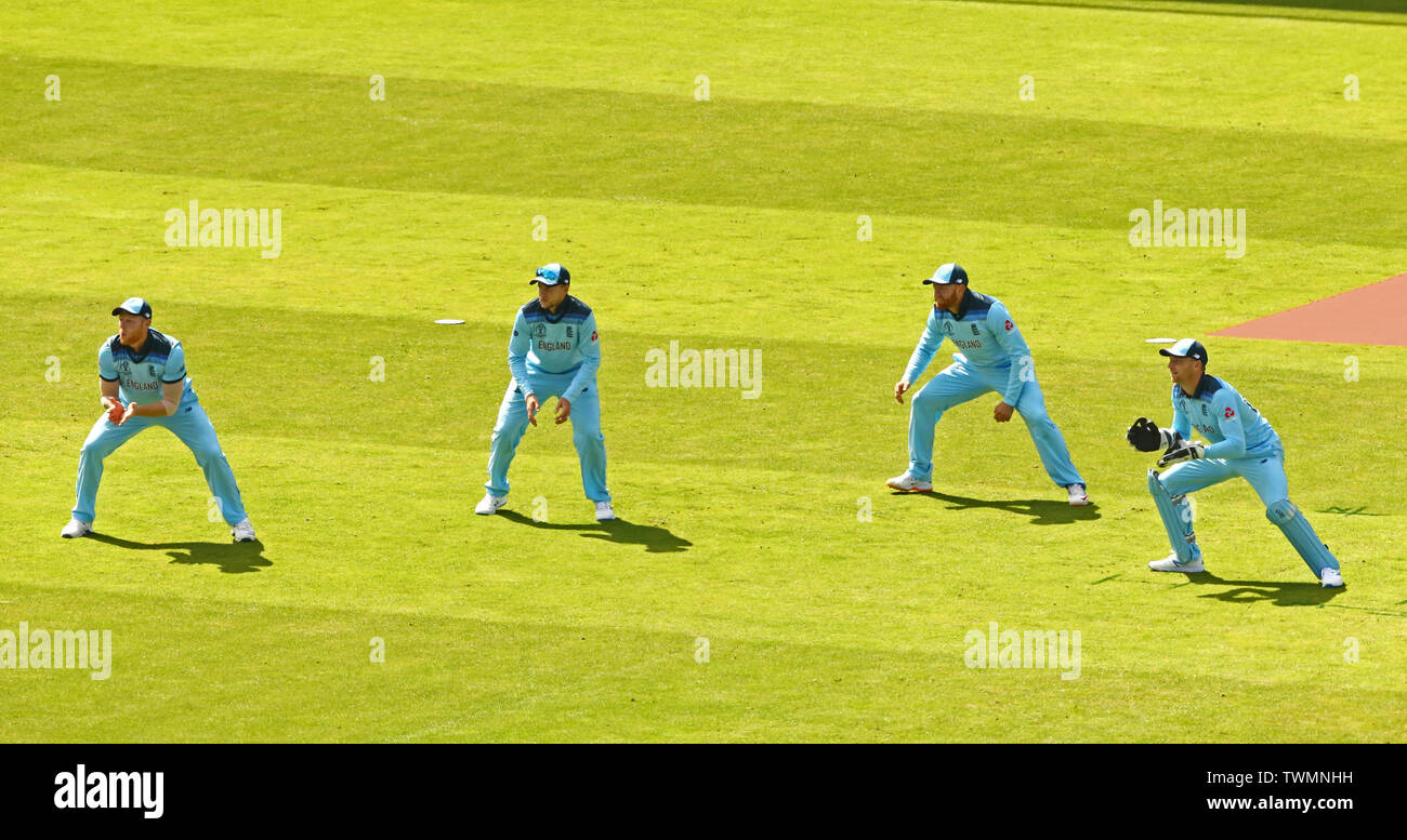 Leeds, UK. 21st June 2019. Slip fielders Ben Stokes, Joe Root, Jonny
