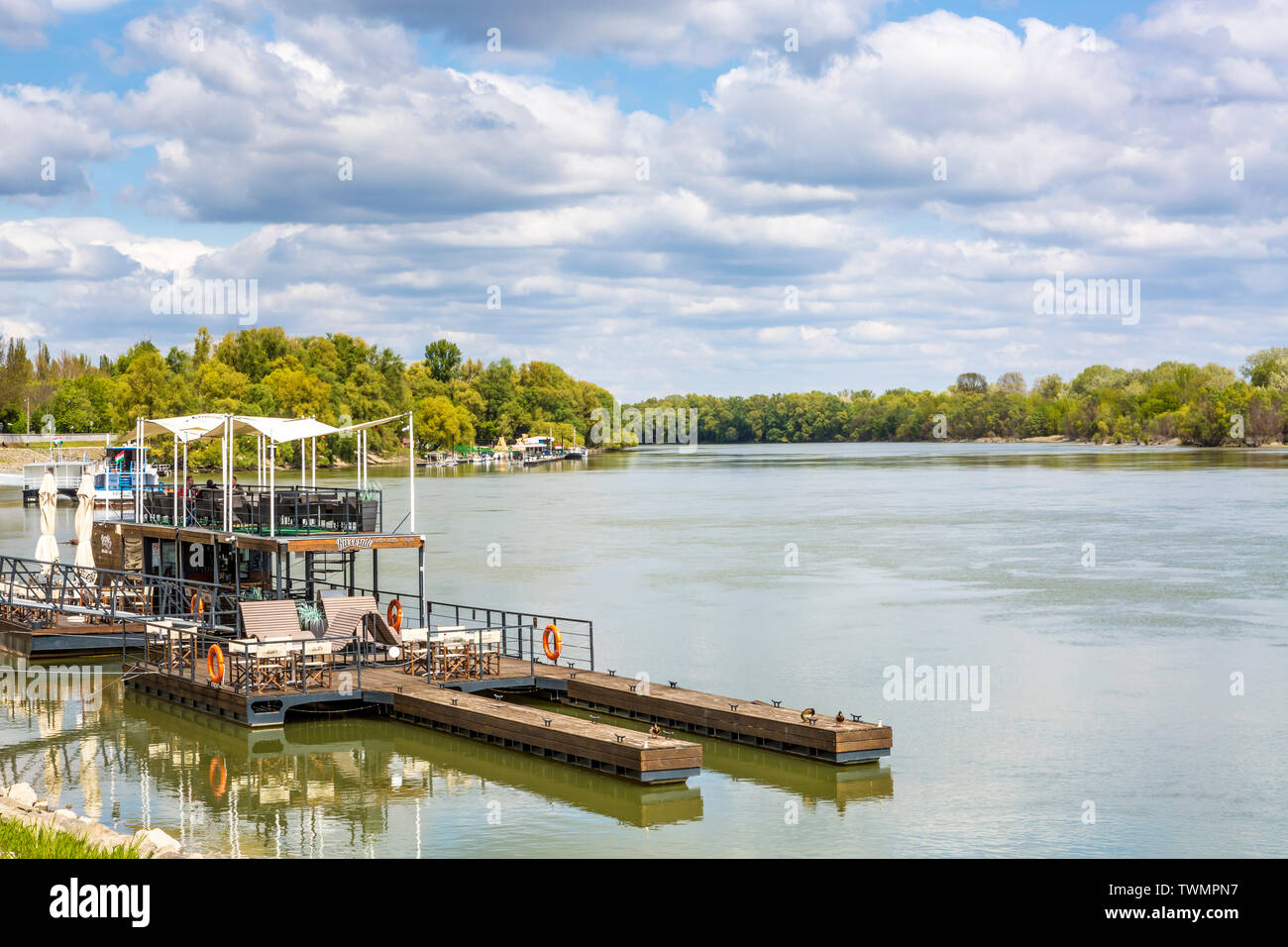 Danube river and floating Riverside Cafe with a beautiful view at ...